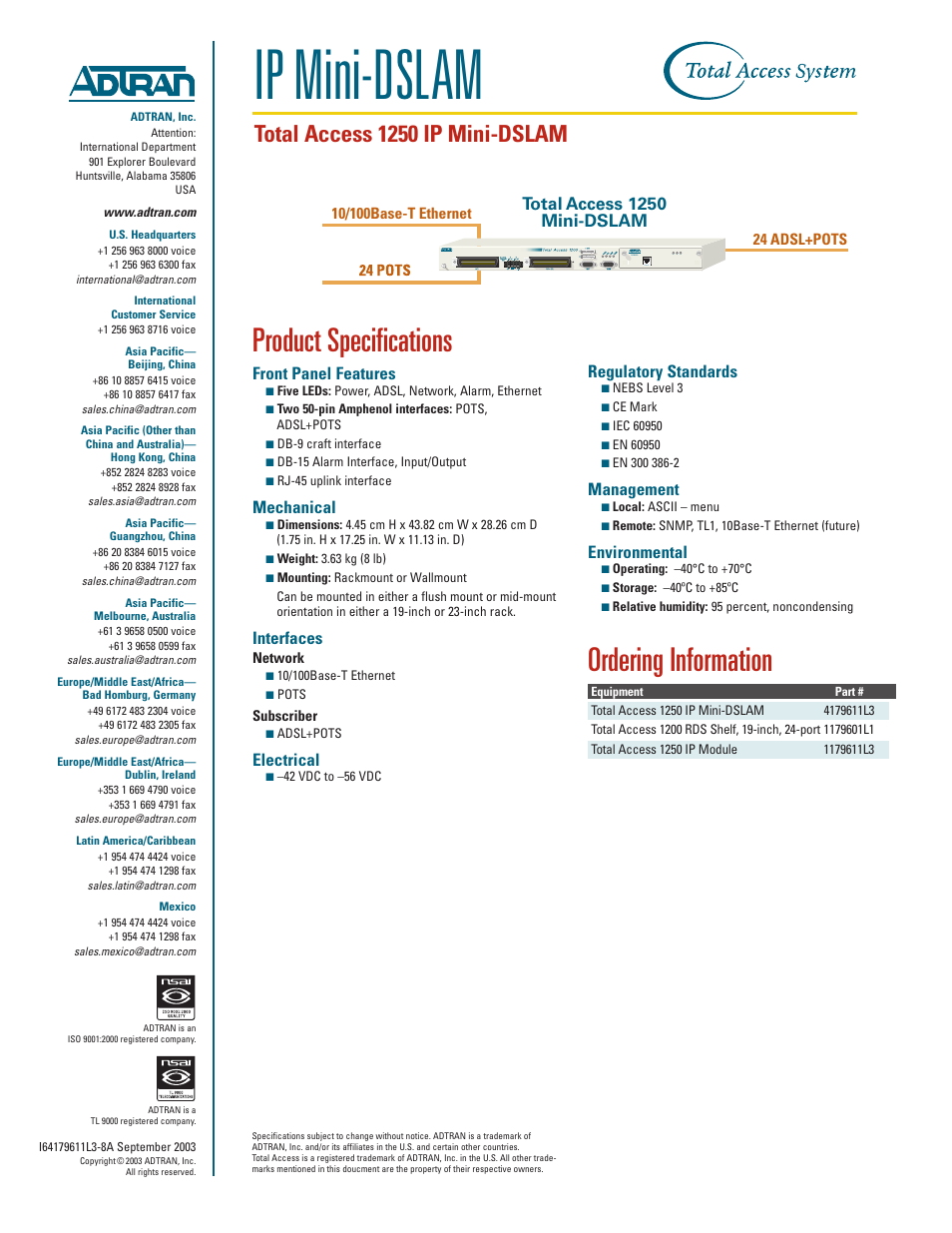 Ip mini-dslam, Product specifications, Ordering information | Total access 1250 ip mini-dslam, Front panel features, Mechanical, Interfaces, Electrical, Regulatory standards, Management | ADTRAN IP Mini-DSLAM User Manual | Page 2 / 2