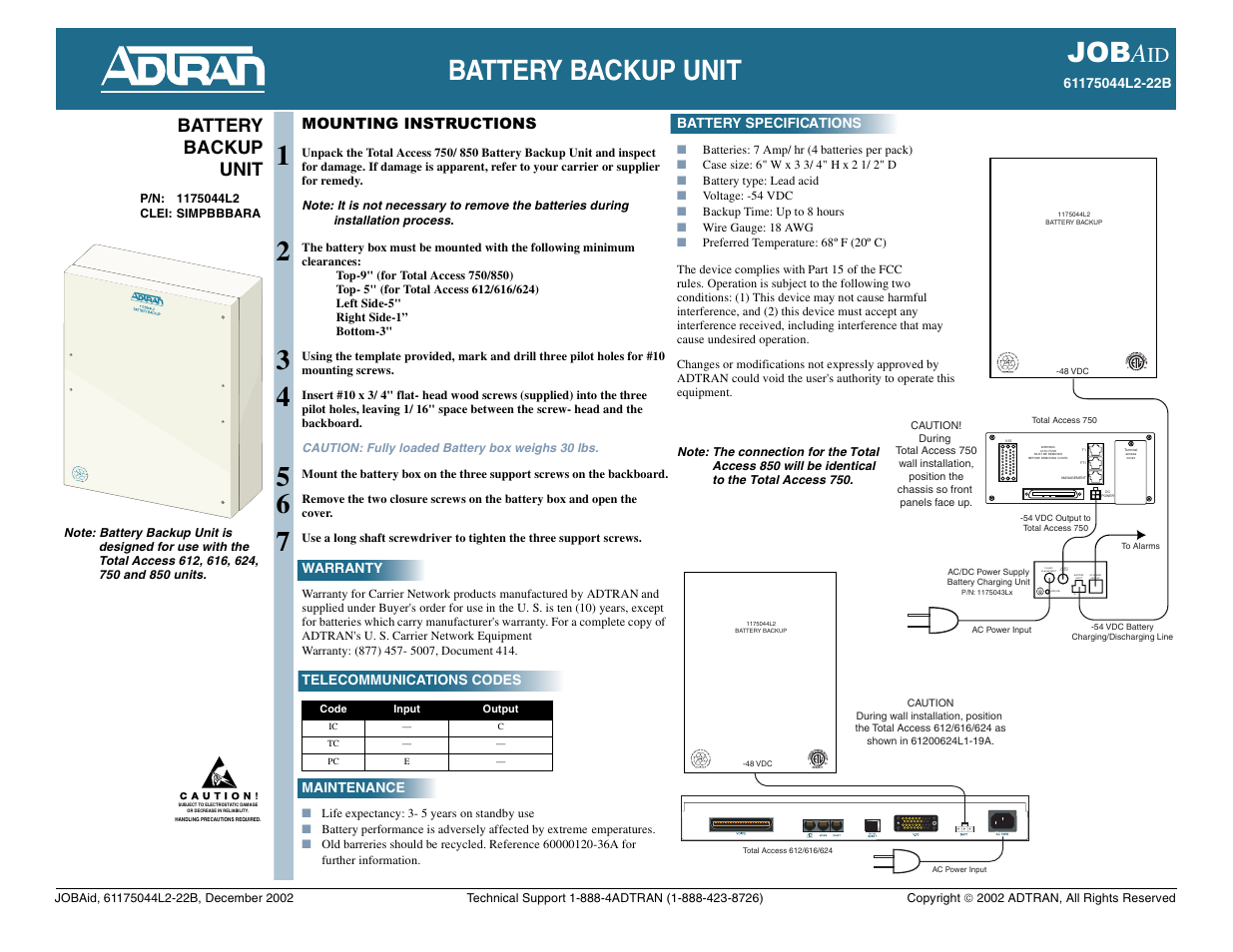 Battery backup unit | ADTRAN 61175044L2-22B User Manual | Page 2 / 2