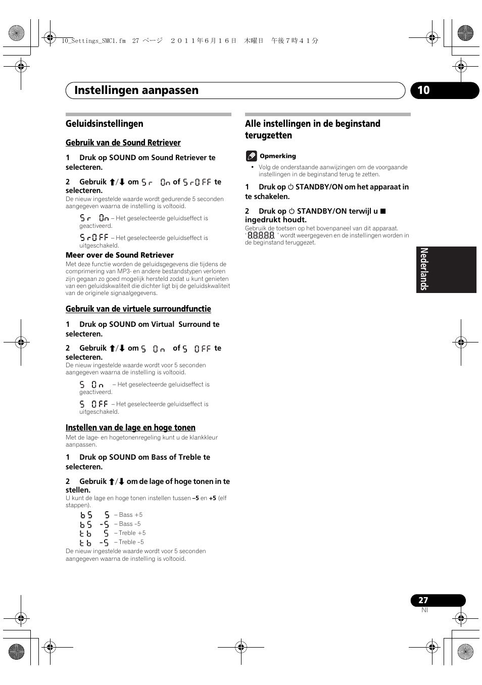 Geluidsinstellingen, Alle instellingen in de beginstand terugzetten, Instellingen aanpassen 10 | Deutsch italiano nederlands pyccкий | Pioneer X-SMC1-K User Manual | Page 103 / 156