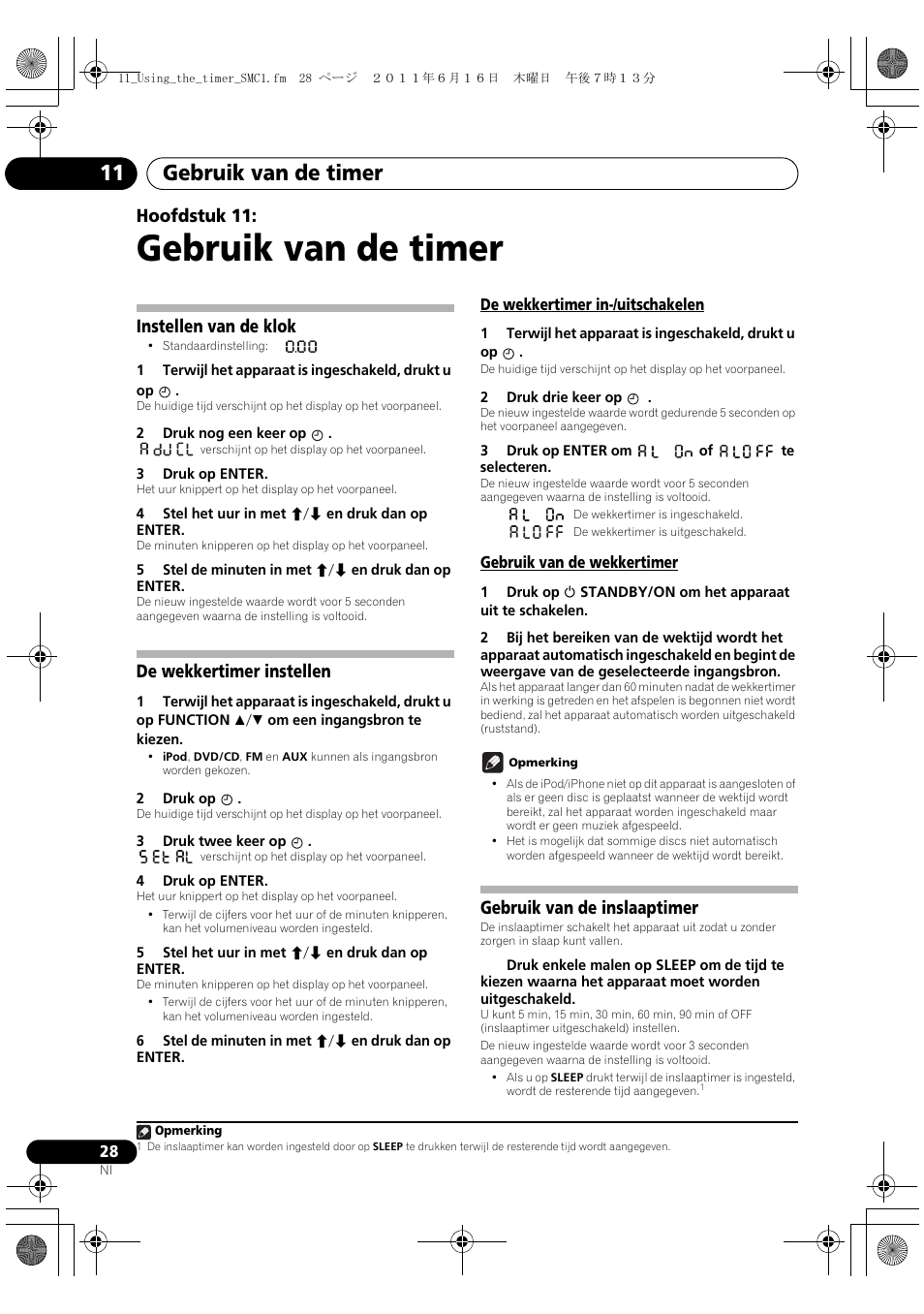 Instellen van de klok de wekkertimer instellen, Gebruik van de inslaaptimer, Gebruik van de timer | Gebruik van de timer 11, Hoofdstuk 11, Instellen van de klok, De wekkertimer instellen | Pioneer X-SMC1-K User Manual | Page 104 / 156