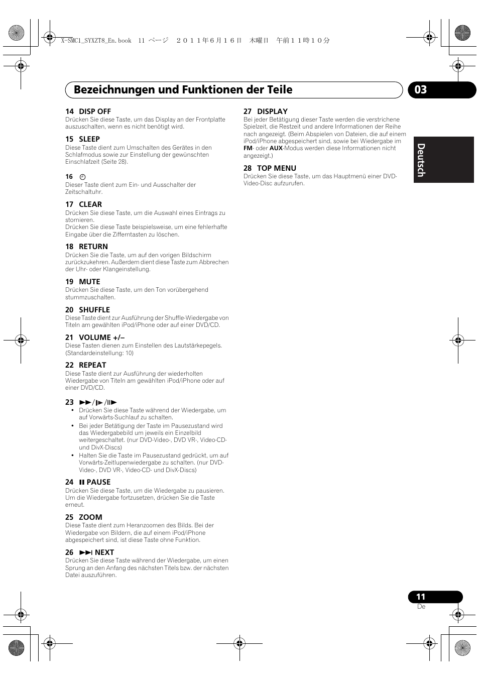 Bezeichnungen und funktionen der teile 03, Deutsch italiano nederlands pyccкий | Pioneer X-SMC1-K User Manual | Page 11 / 156