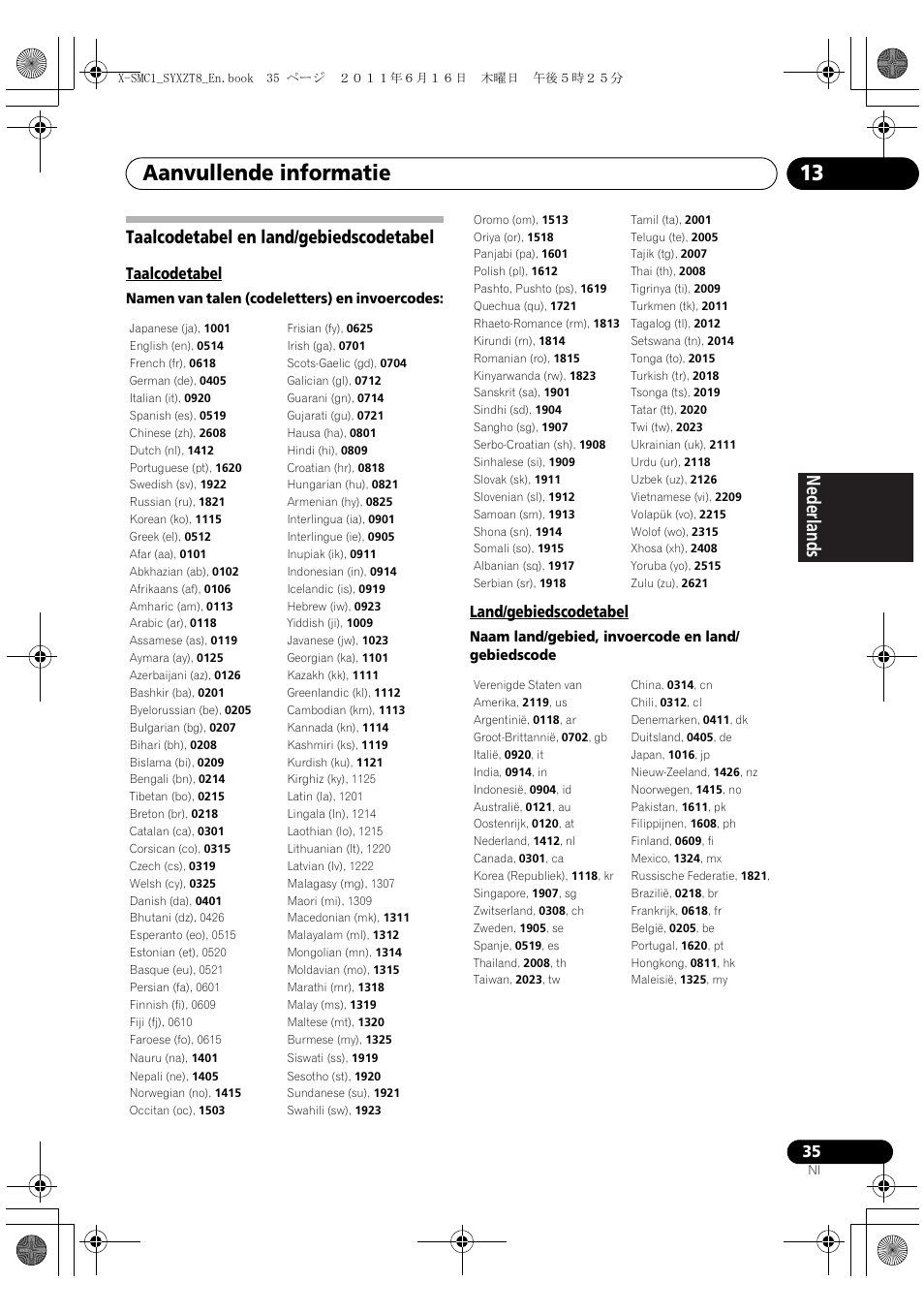 Taalcodetabel en land/gebiedscodetabel, Aanvullende informatie 13, Deutsch italiano nederlands pyccкий | Taalcodetabel, Land/gebiedscodetabel | Pioneer X-SMC1-K User Manual | Page 111 / 156