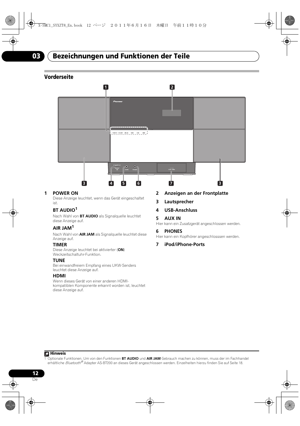 Vorderseite, Bezeichnungen und funktionen der teile 03 | Pioneer X-SMC1-K User Manual | Page 12 / 156