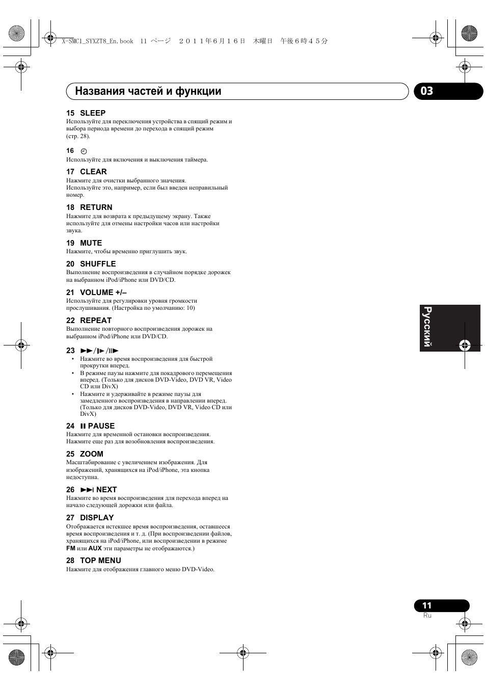 Названия частей и функции 03, Deutsch italiano nederlands pyccкий | Pioneer X-SMC1-K User Manual | Page 125 / 156