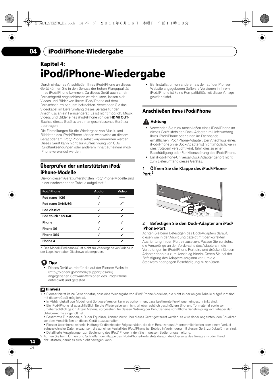 Ipod/iphone-wiedergabe, Ipod/iphone-wiedergabe 04, Kapitel 4 | Überprüfen der unterstützten ipod/ iphone-modelle, Anschließen ihres ipod/iphone | Pioneer X-SMC1-K User Manual | Page 14 / 156