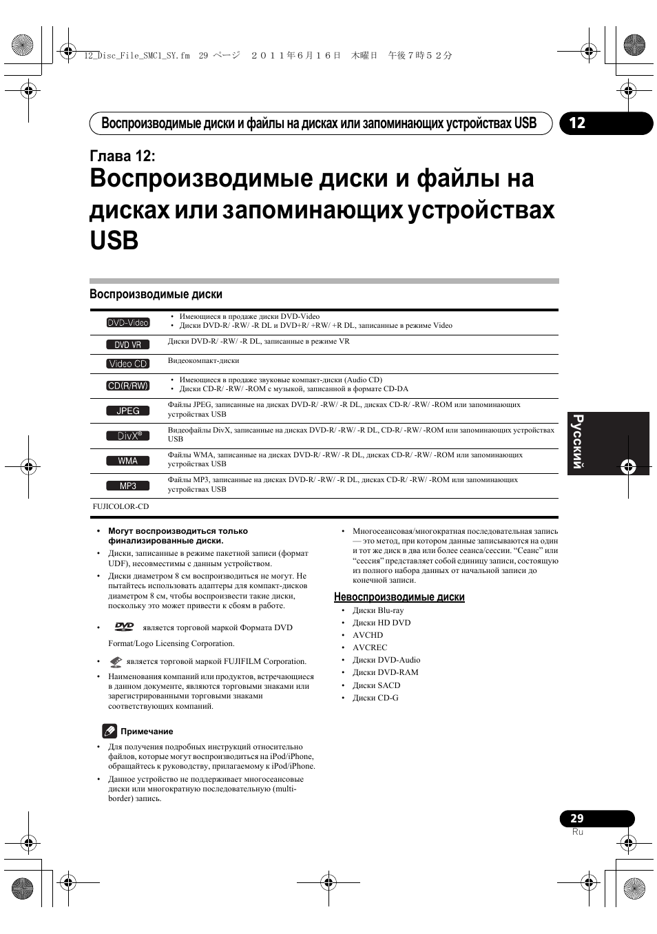 Воспроизводимые диски, Глава 12, Deutsch italiano nederlands pyccкий | Pioneer X-SMC1-K User Manual | Page 143 / 156