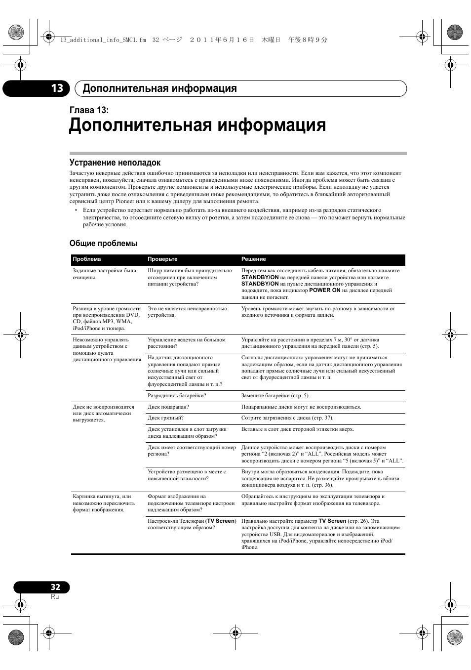 Устранение неполадок, Дополнительная информация, Дополнительная информация 13 | Глава 13, Общие проблемы | Pioneer X-SMC1-K User Manual | Page 146 / 156