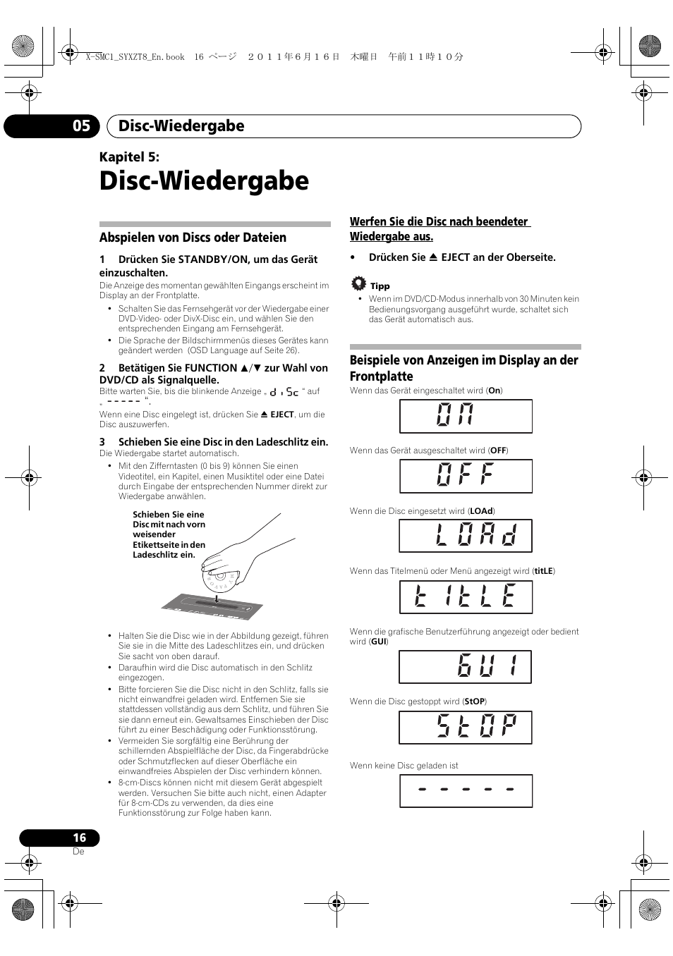 Abspielen von discs oder dateien, Werfen sie die disc nach beendeter wiedergabe aus, Disc-wiedergabe | Disc-wiedergabe 05, Kapitel 5 | Pioneer X-SMC1-K User Manual | Page 16 / 156