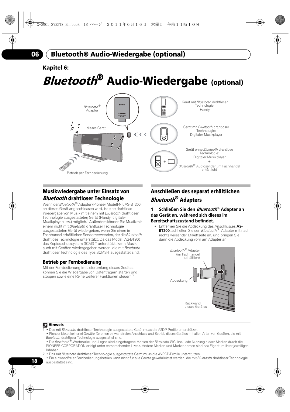 Betrieb per fernbedienung, Bluetooth, Audio-wiedergabe | Bluetooth® audio-wiedergabe (optional) 06, Optional), Kapitel 6, Anschließen des separat erhältlichen bluetooth, Adapters | Pioneer X-SMC1-K User Manual | Page 18 / 156