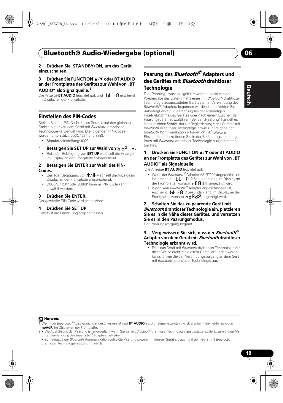 Bluetooth® audio-wiedergabe (optional) 06, Deutsch italiano nederlands pyccкий, Einstellen des pin-codes | Paarung des bluetooth | Pioneer X-SMC1-K User Manual | Page 19 / 156