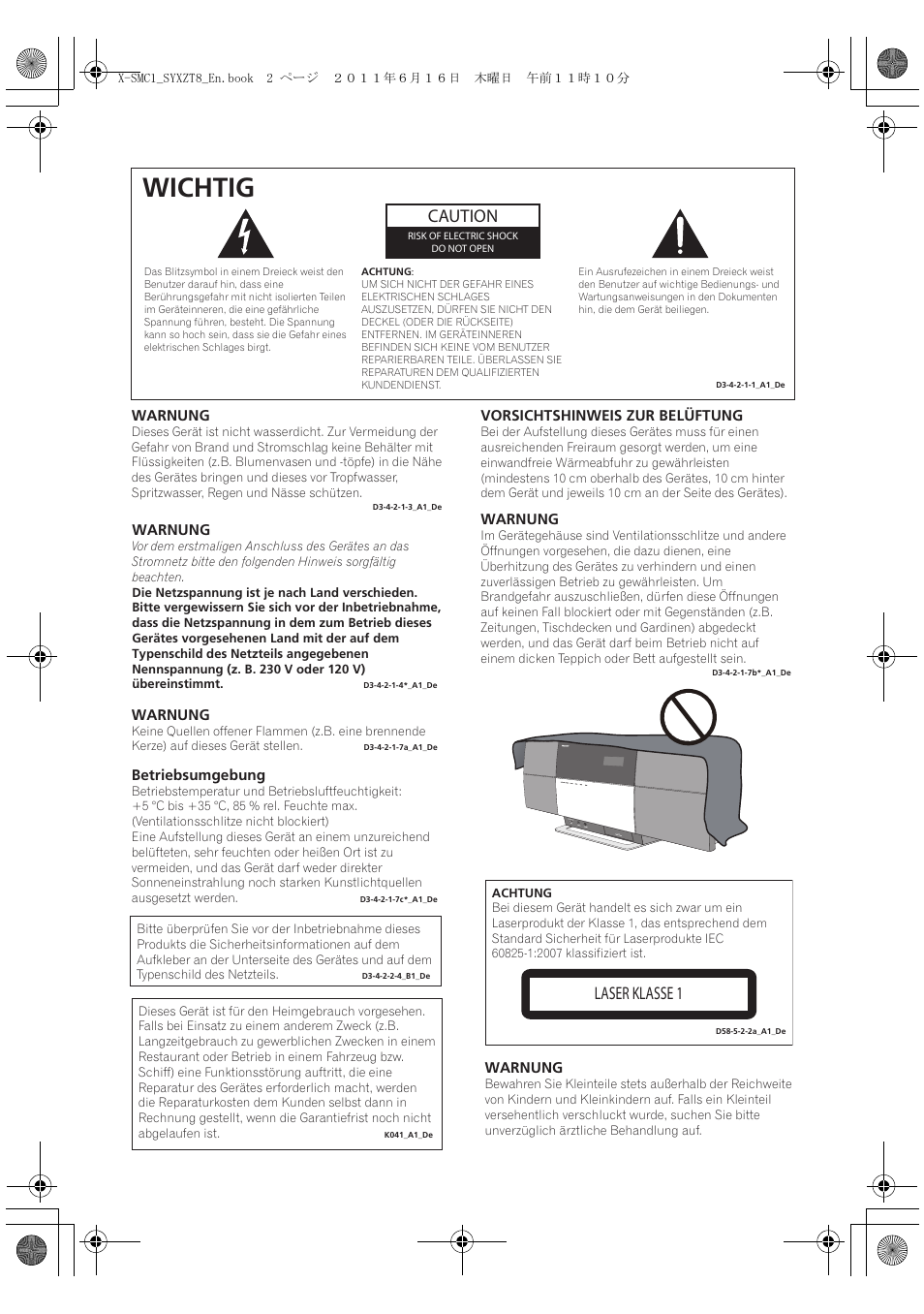 Wichtig, Caution, Laser klasse 1 | Pioneer X-SMC1-K User Manual | Page 2 / 156