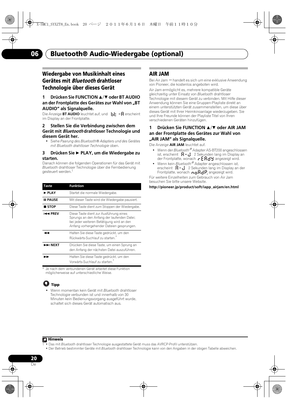 Bluetooth® audio-wiedergabe (optional) 06, Air jam | Pioneer X-SMC1-K User Manual | Page 20 / 156