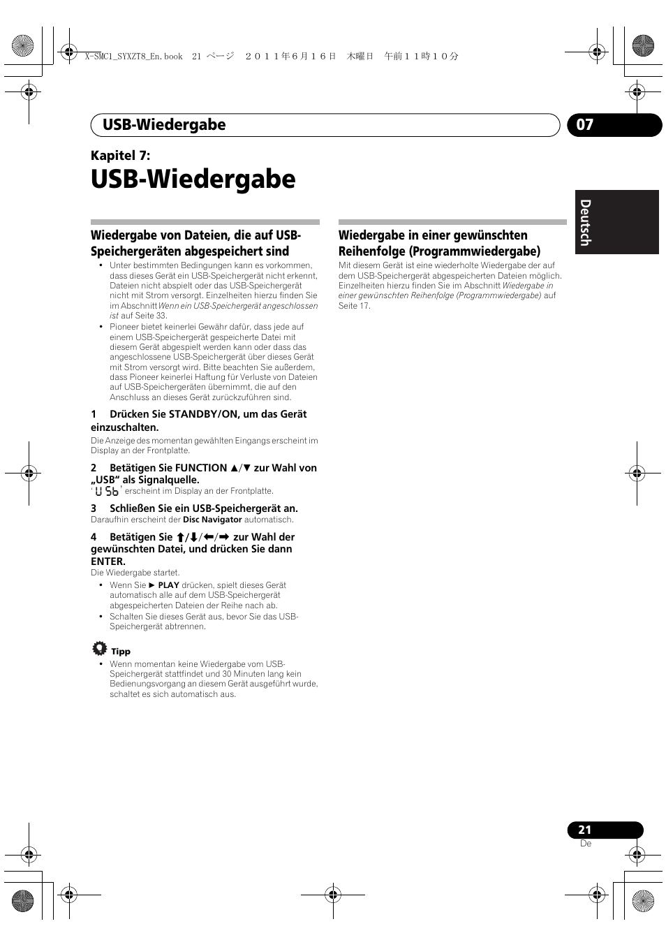 Usb-wiedergabe, Usb-wiedergabe 07, Deutsch italiano nederlands pyccкий | Kapitel 7 | Pioneer X-SMC1-K User Manual | Page 21 / 156