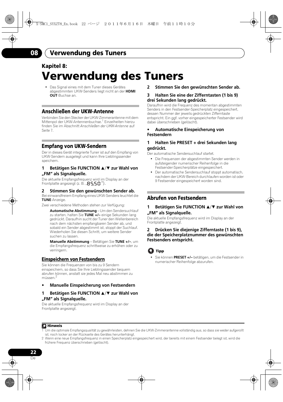 Einspeichern von festsendern, Abrufen von festsendern, Verwendung des tuners | Verwendung des tuners 08, Kapitel 8, Anschließen der ukw-antenne, Empfang von ukw-sendern | Pioneer X-SMC1-K User Manual | Page 22 / 156