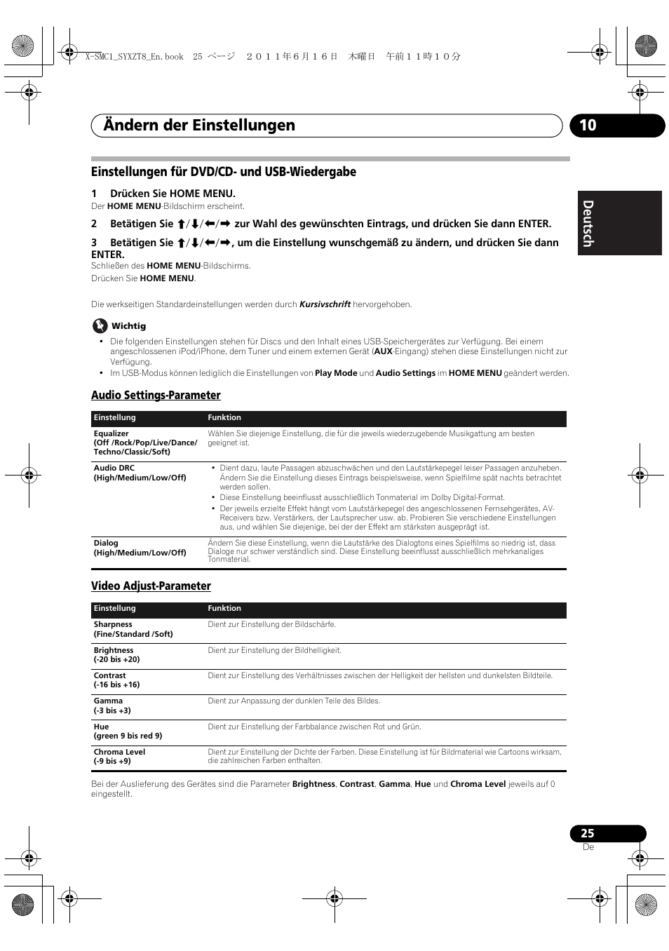 Einstellungen für dvd/cd- und usb-wiedergabe, Audio settings-parameter video adjust-parameter, Ändern der einstellungen 10 | Deutsch italiano nederlands pyccкий | Pioneer X-SMC1-K User Manual | Page 25 / 156