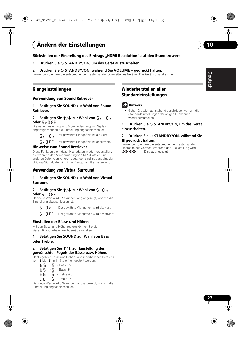 Klangeinstellungen, Wiederherstellen aller standardeinstellungen, Ändern der einstellungen 10 | Deutsch italiano nederlands pyccкий | Pioneer X-SMC1-K User Manual | Page 27 / 156
