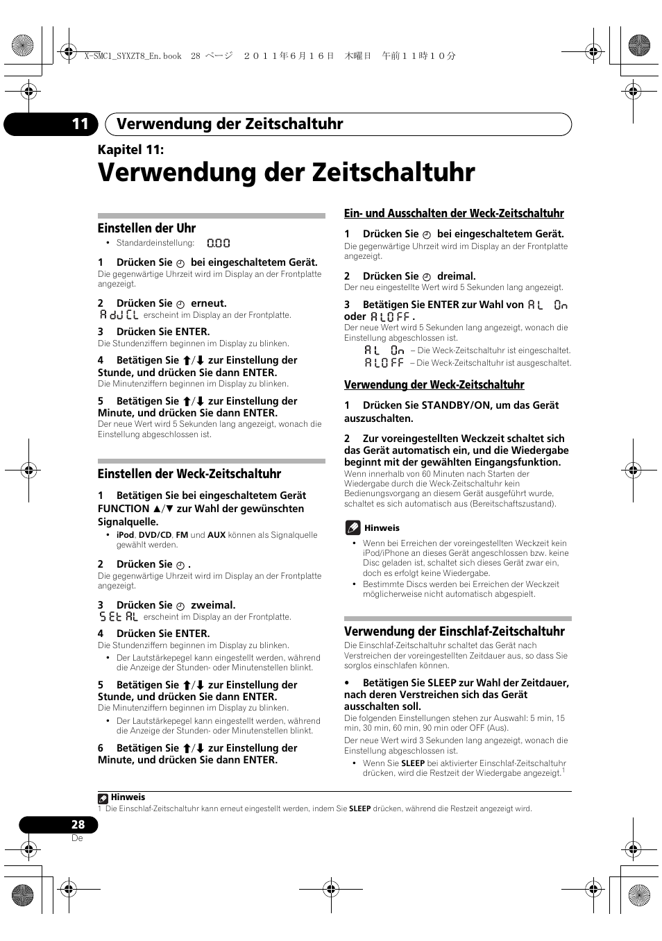 Verwendung der einschlaf-zeitschaltuhr, Verwendung der zeitschaltuhr, Verwendung der zeitschaltuhr 11 | Kapitel 11, Einstellen der uhr, Einstellen der weck-zeitschaltuhr | Pioneer X-SMC1-K User Manual | Page 28 / 156