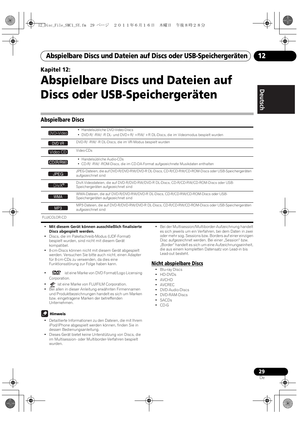 Abspielbare discs, Deutsch italiano nederlands pyccкий, Kapitel 12 | Pioneer X-SMC1-K User Manual | Page 29 / 156