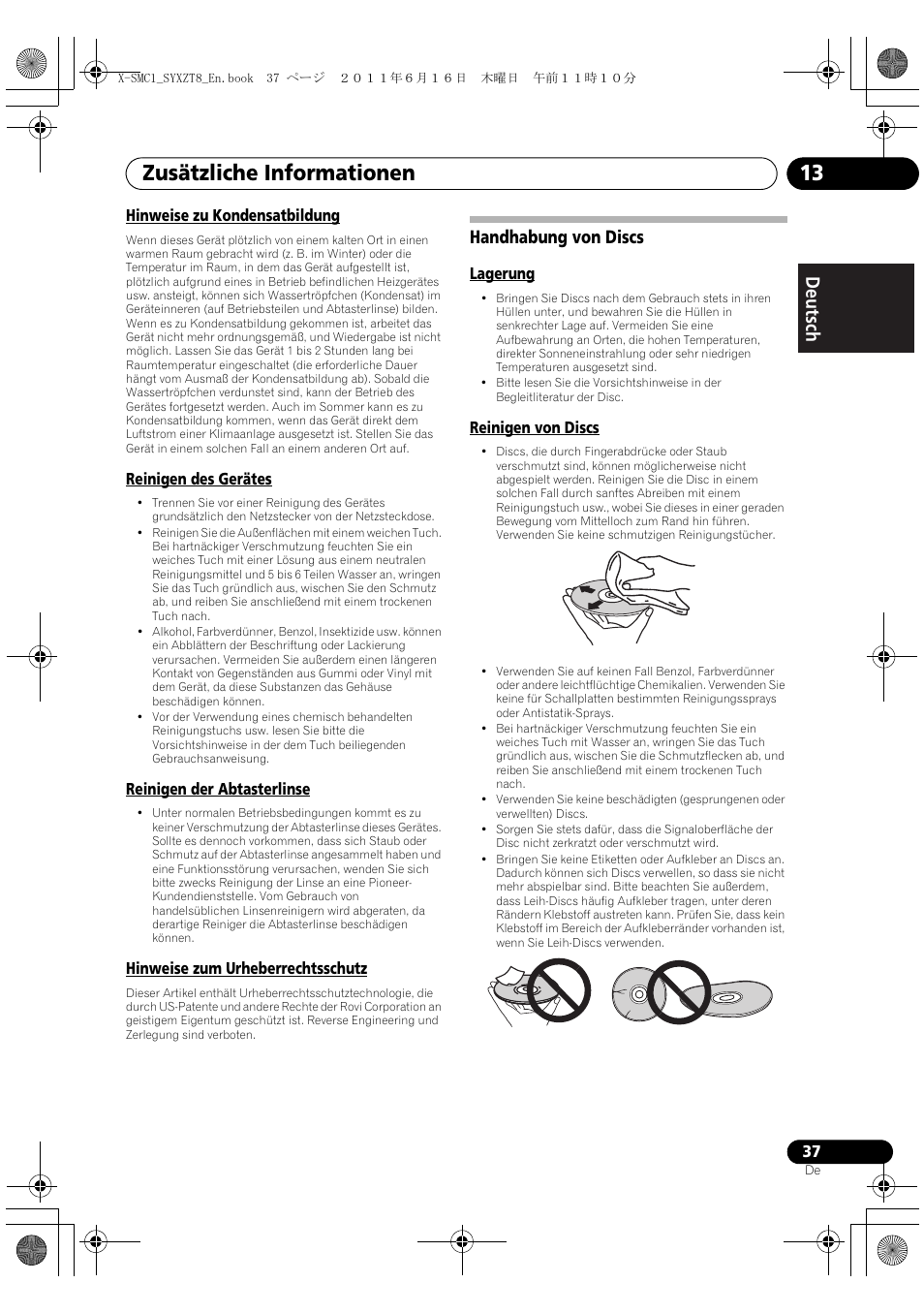 Handhabung von discs, Zusätzliche informationen 13, Deutsch italiano nederlands pyccкий | Pioneer X-SMC1-K User Manual | Page 37 / 156