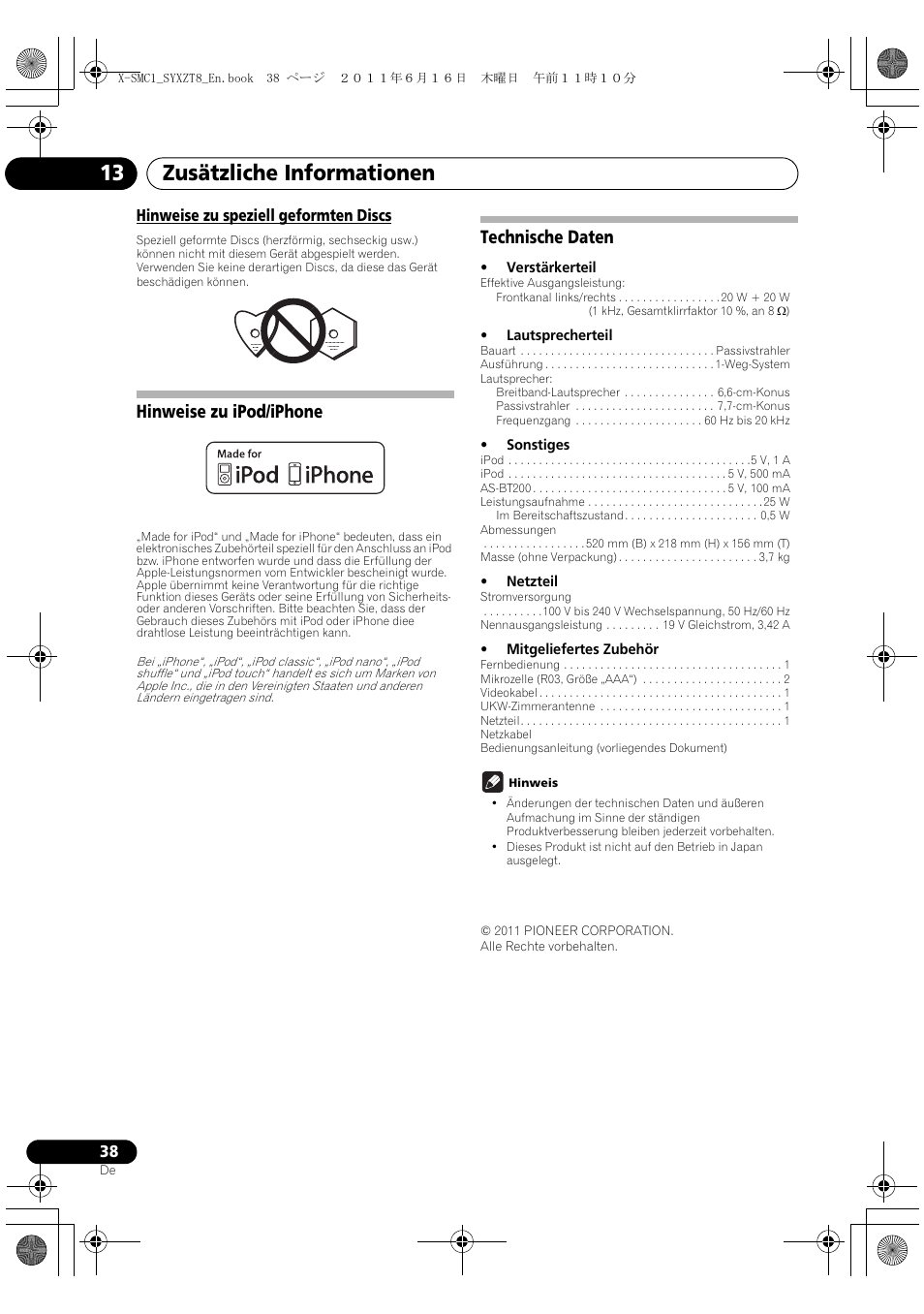Hinweise zu ipod/iphone technische daten, Zusätzliche informationen 13, Hinweise zu ipod/iphone | Technische daten | Pioneer X-SMC1-K User Manual | Page 38 / 156