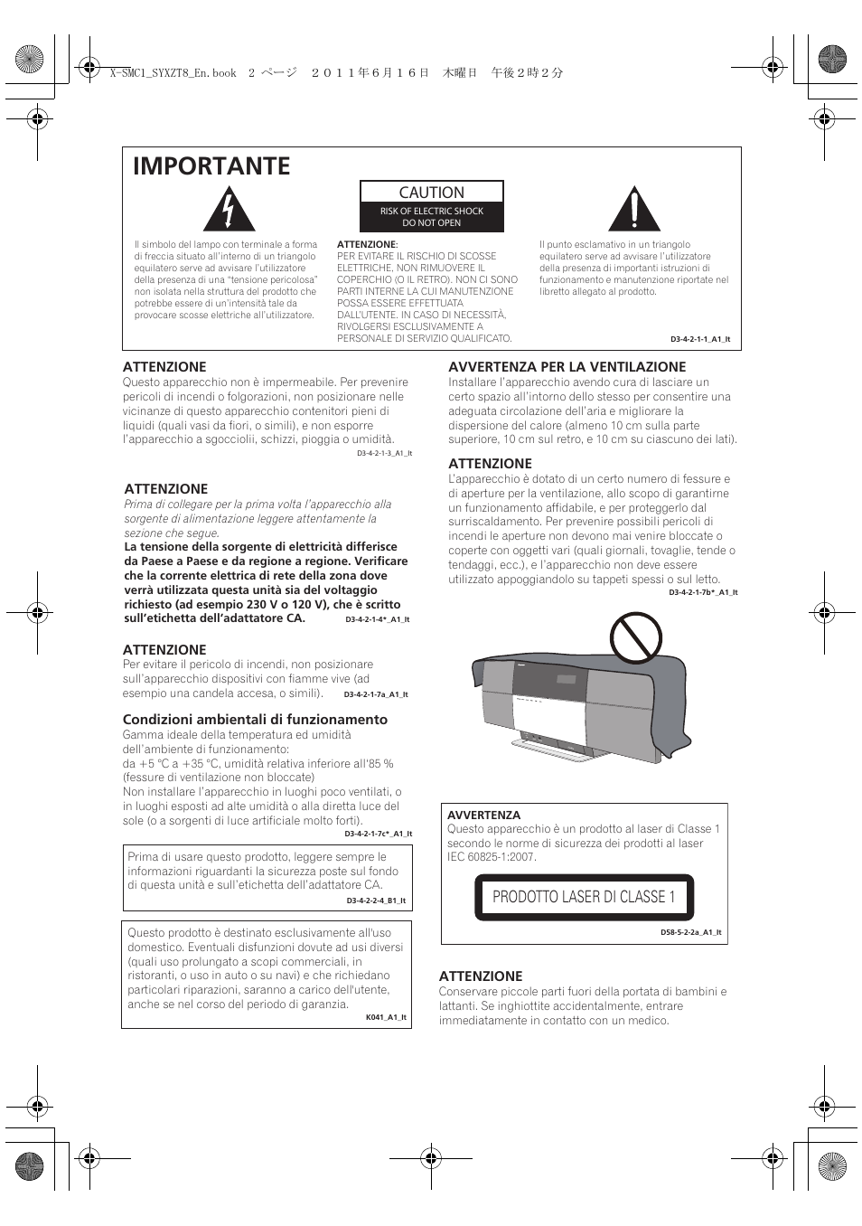Importante, Caution, Prodotto laser di classe 1 | Pioneer X-SMC1-K User Manual | Page 40 / 156