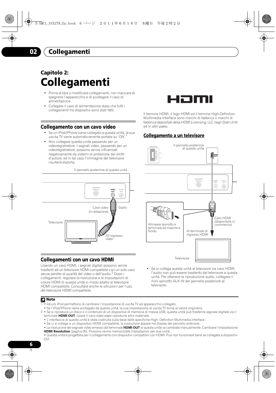 Collegamento a un televisore, Collegamenti, Collegamenti 02 | Capitolo 2, Collegamento con un cavo video, Collegamenti con un cavo hdmi | Pioneer X-SMC1-K User Manual | Page 44 / 156