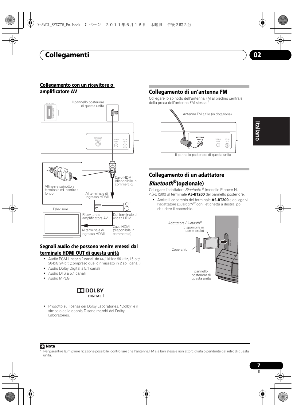 Collegamenti 02, Deutsch italiano nederlands pyccкий, Collegamento di un’antenna fm | Collegamento di un adattatore bluetooth, Opzionale) | Pioneer X-SMC1-K User Manual | Page 45 / 156
