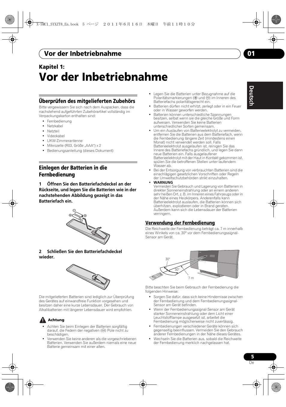 Verwendung der fernbedienung, Vor der inbetriebnahme, Vor der inbetriebnahme 01 | Deutsch italiano nederlands pyccкий, Kapitel 1, Überprüfen des mitgelieferten zubehörs, Einlegen der batterien in die fernbedienung | Pioneer X-SMC1-K User Manual | Page 5 / 156