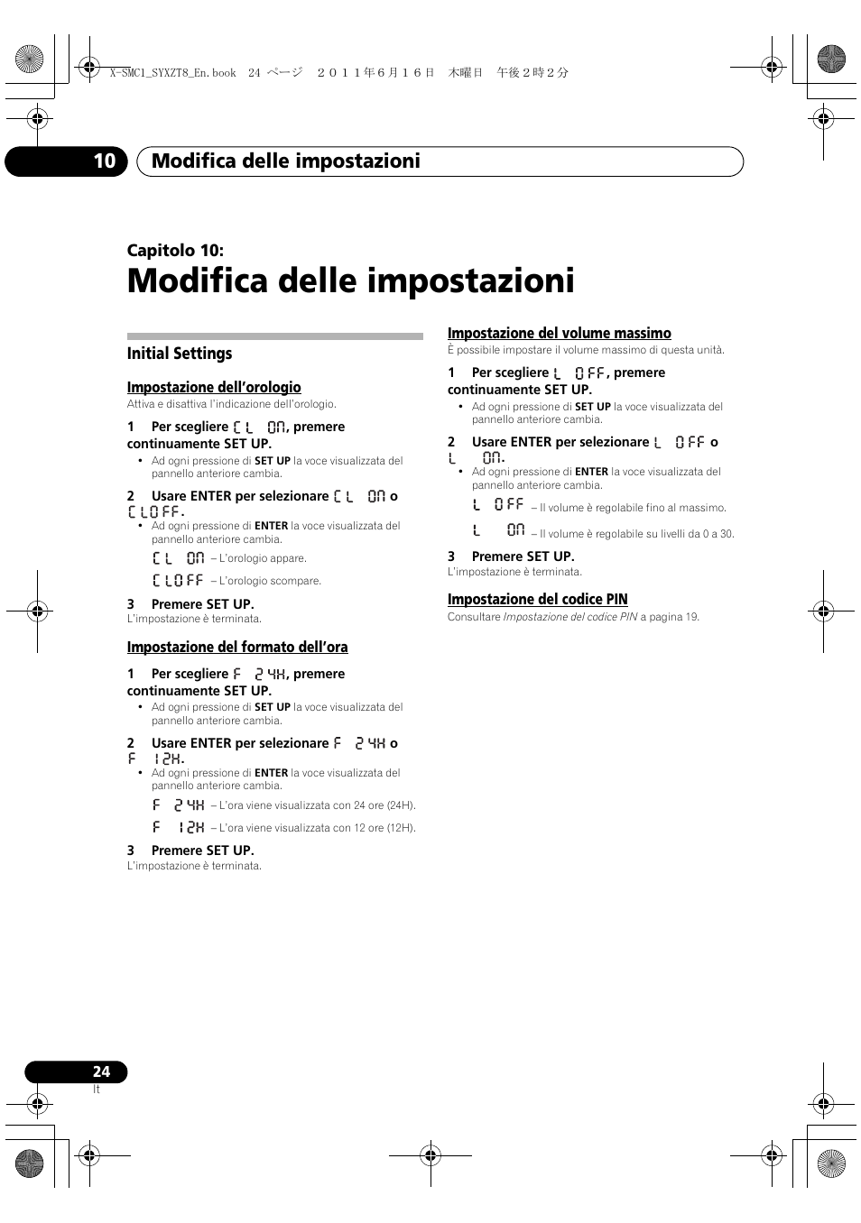 Initial settings, Modifica delle impostazioni, Modifica delle impostazioni 10 | Capitolo 10 | Pioneer X-SMC1-K User Manual | Page 62 / 156