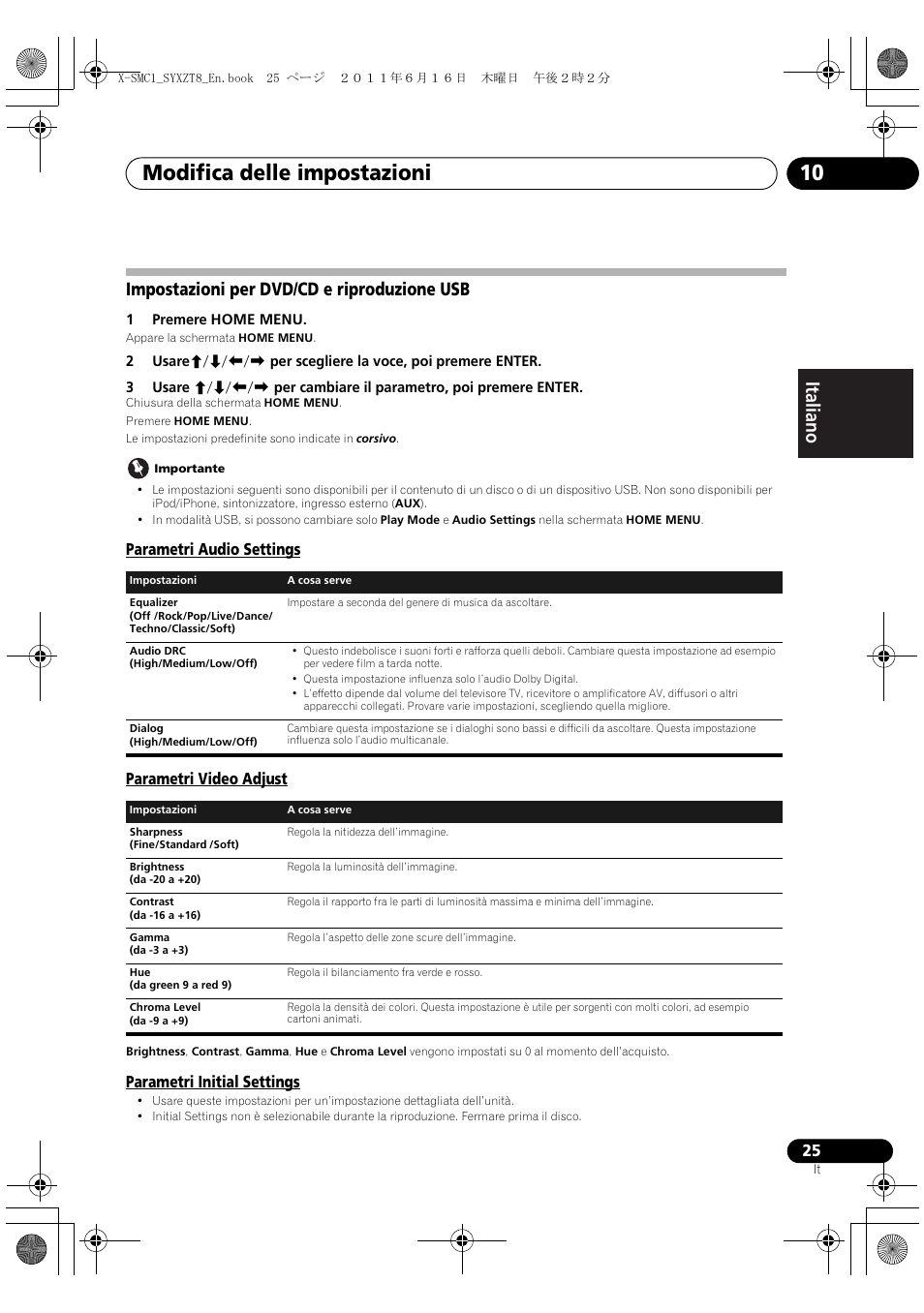 Impostazioni per dvd/cd e riproduzione usb, Modifica delle impostazioni 10, Deutsch italiano nederlands pyccкий | Parametri audio settings parametri video adjust, Parametri initial settings | Pioneer X-SMC1-K User Manual | Page 63 / 156