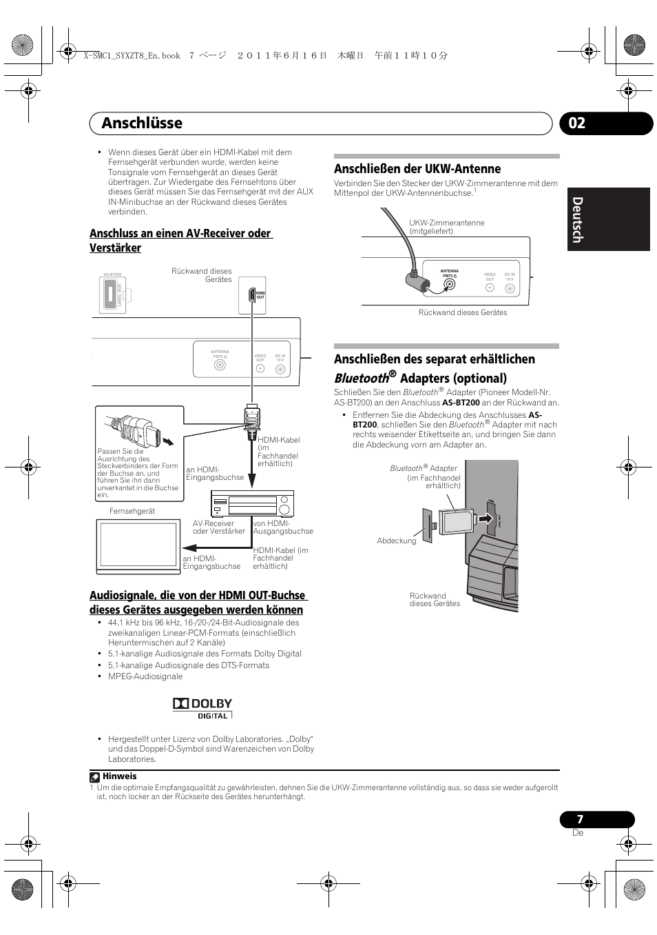 Anschlüsse 02, Deutsch italiano nederlands pyccкий, Anschließen der ukw-antenne | Anschließen des separat erhältlichen bluetooth, Adapters (optional) | Pioneer X-SMC1-K User Manual | Page 7 / 156