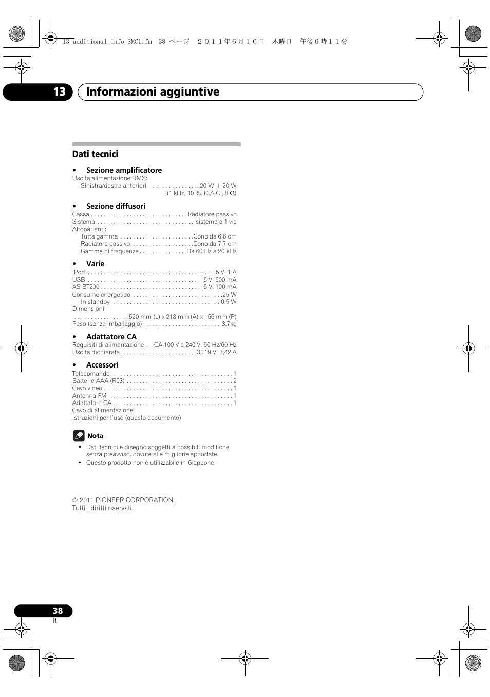 Dati tecnici, Informazioni aggiuntive 13 | Pioneer X-SMC1-K User Manual | Page 76 / 156