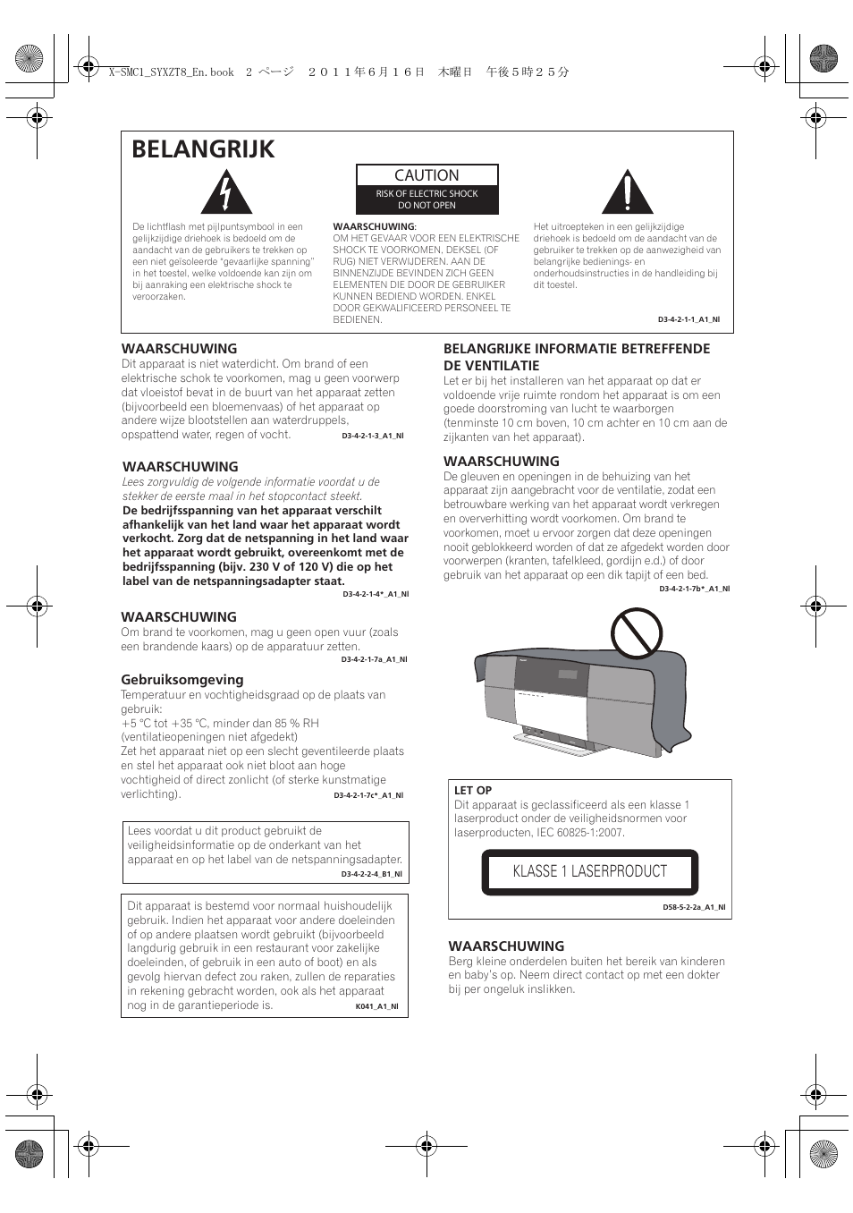 Belangrijk, Caution, Klasse 1 laserproduct | Pioneer X-SMC1-K User Manual | Page 78 / 156