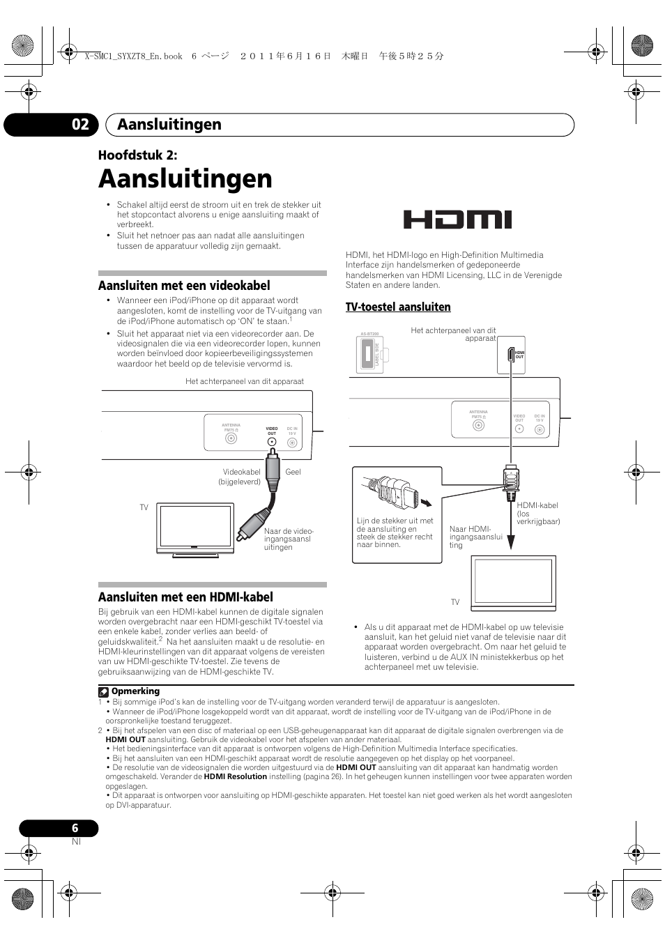 Tv-toestel aansluiten, Aansluitingen, Aansluitingen 02 | Hoofdstuk 2, Aansluiten met een videokabel, Aansluiten met een hdmi-kabel | Pioneer X-SMC1-K User Manual | Page 82 / 156