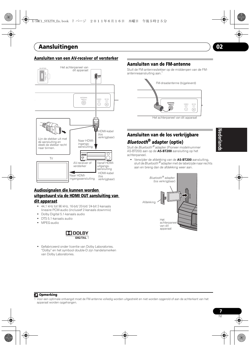 Aansluitingen 02, Deutsch italiano nederlands pyccкий, Aansluiten van de fm-antenne | Aansluiten van de los verkrijgbare bluetooth, Adapter (optie) | Pioneer X-SMC1-K User Manual | Page 83 / 156