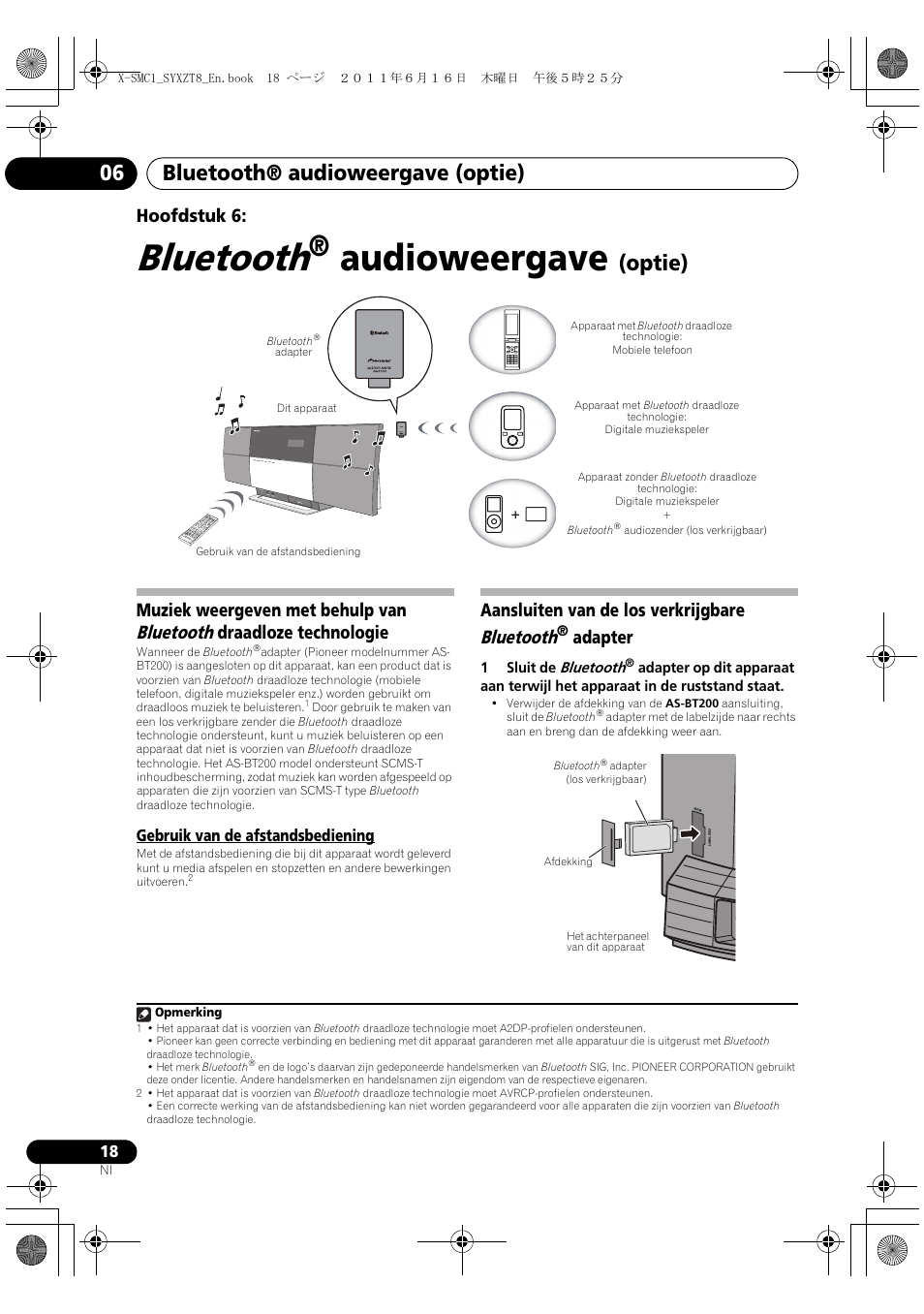 Gebruik van de afstandsbediening, Bluetooth, Audioweergave | Bluetooth® audioweergave (optie) 06, Optie), Hoofdstuk 6, Aansluiten van de los verkrijgbare bluetooth, Adapter | Pioneer X-SMC1-K User Manual | Page 94 / 156