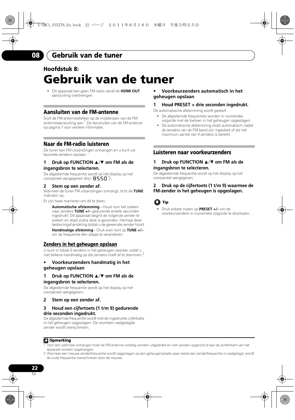 Zenders in het geheugen opslaan, Luisteren naar voorkeurzenders, Gebruik van de tuner | Gebruik van de tuner 08, Hoofdstuk 8, Aansluiten van de fm-antenne, Naar de fm-radio luisteren | Pioneer X-SMC1-K User Manual | Page 98 / 156