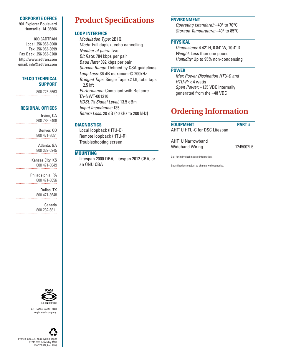Product specifications, Ordering information | ADTRAN AHT1U User Manual | Page 2 / 2