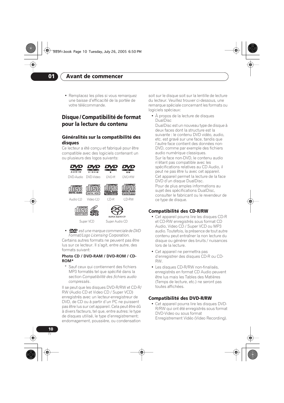 Généralités sur la compatibilité des disques, Compatibilité des cd-r/rw, Compatibilité des dvd-r/rw | Avant de commencer 01 | Pioneer DV-989AVi-S User Manual | Page 10 / 204