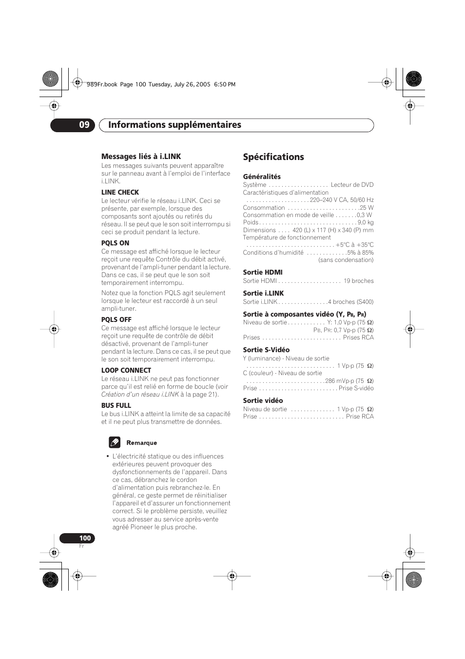 Messages liés à i.link, Spécifications, Informations supplémentaires 09 | Pioneer DV-989AVi-S User Manual | Page 100 / 204