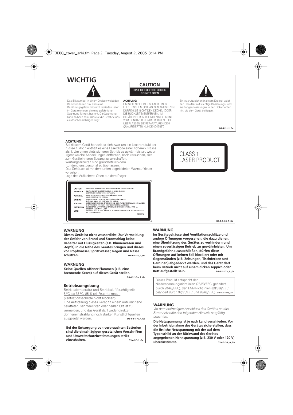 Wichtig, Class 1 laser product, Caution | Pioneer DV-989AVi-S User Manual | Page 102 / 204