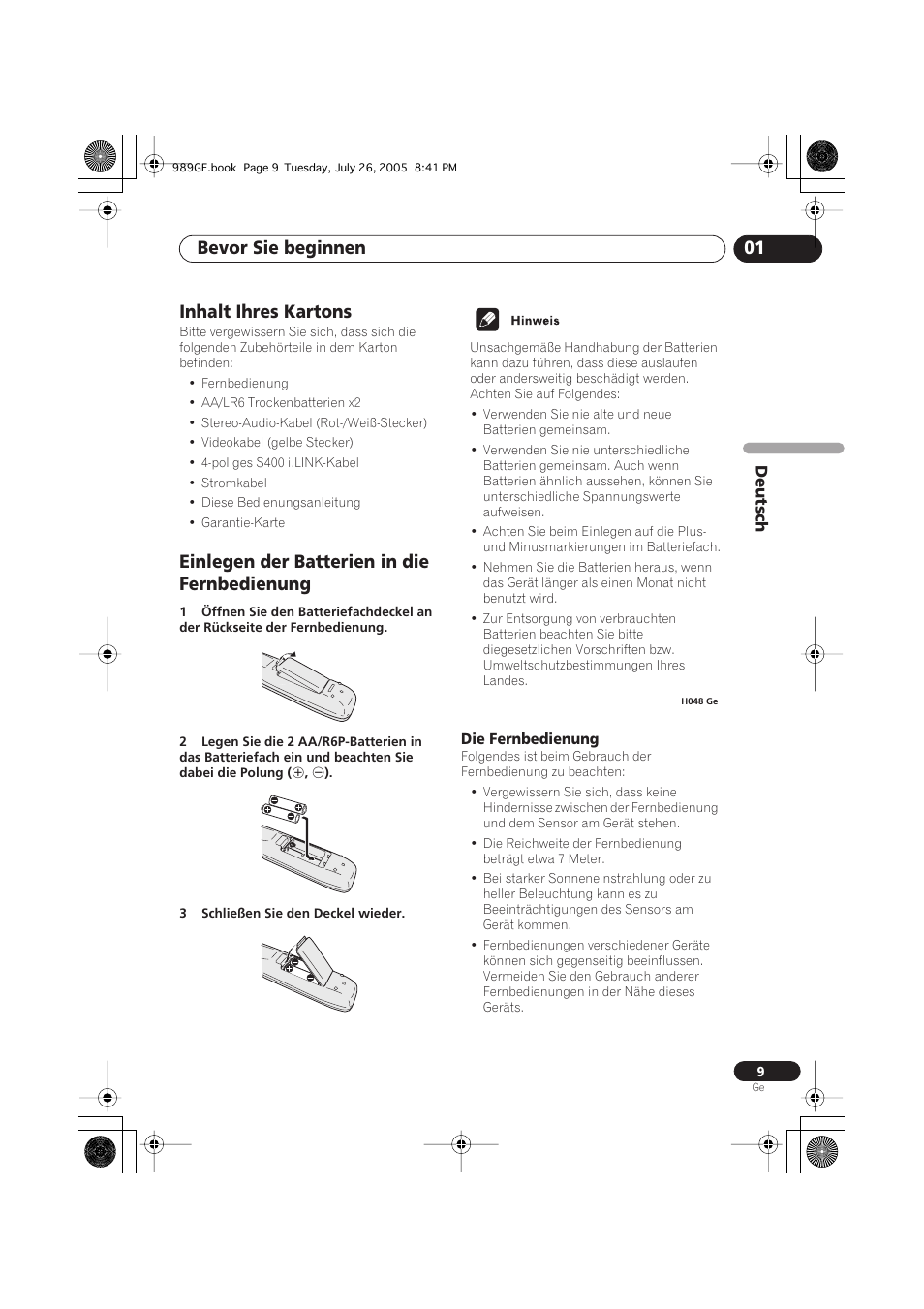 Inhalt ihres kartons, Einlegen der batterien in die fernbedienung, Die fernbedienung | Bevor sie beginnen 01 | Pioneer DV-989AVi-S User Manual | Page 109 / 204