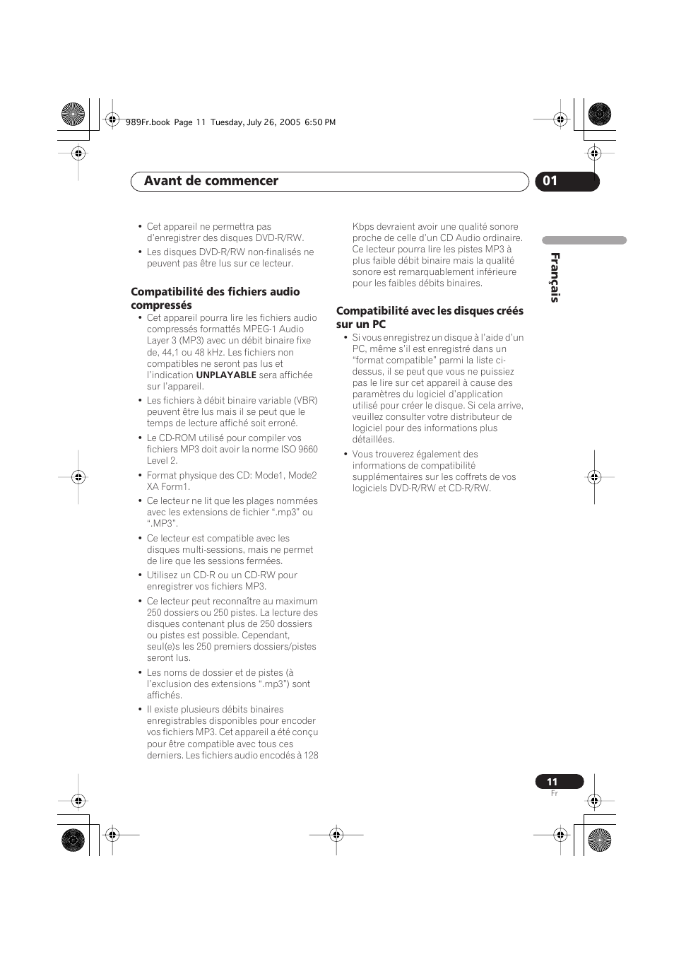Compatibilité des fichiers audio compressés, Compatibilité avec les disques créés sur un pc, Avant de commencer 01 | Pioneer DV-989AVi-S User Manual | Page 11 / 204