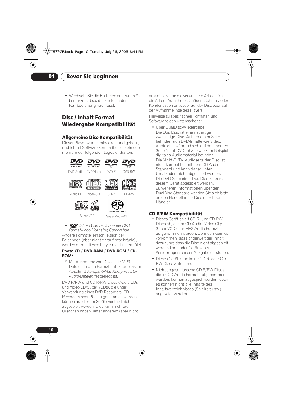 Disc / inhalt format wiedergabe kompatibilität, Allgemeine disc-kompatibilität, Cd-r/rw-kompatibilität | Bevor sie beginnen 01 | Pioneer DV-989AVi-S User Manual | Page 110 / 204