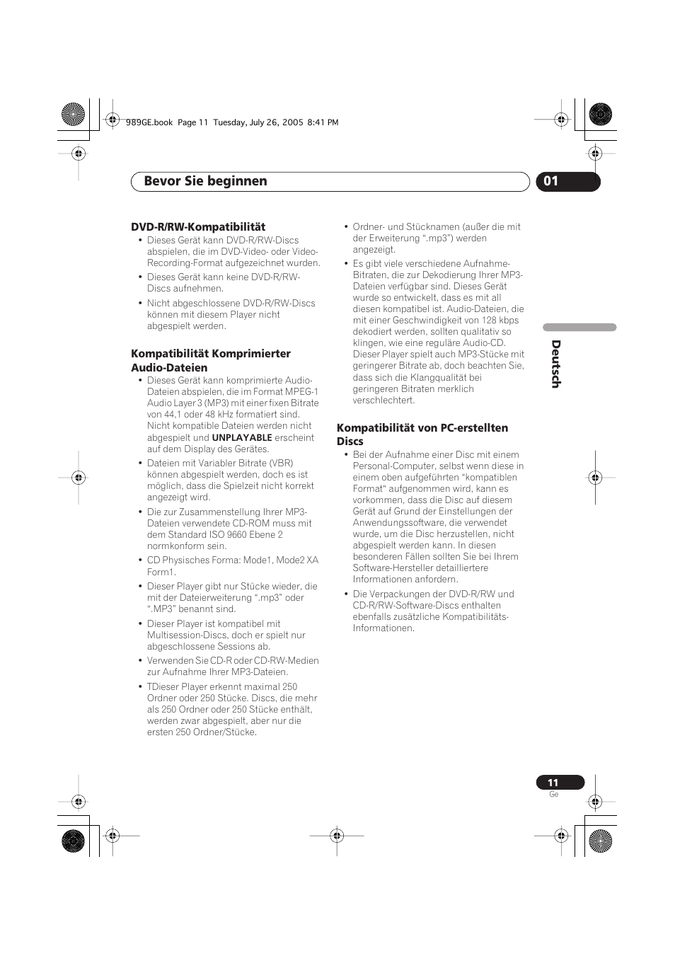 Dvd-r/rw-kompatibilität, Kompatibilität komprimierter audio-dateien, Kompatibilität von pc-erstellten discs | Bevor sie beginnen 01 | Pioneer DV-989AVi-S User Manual | Page 111 / 204