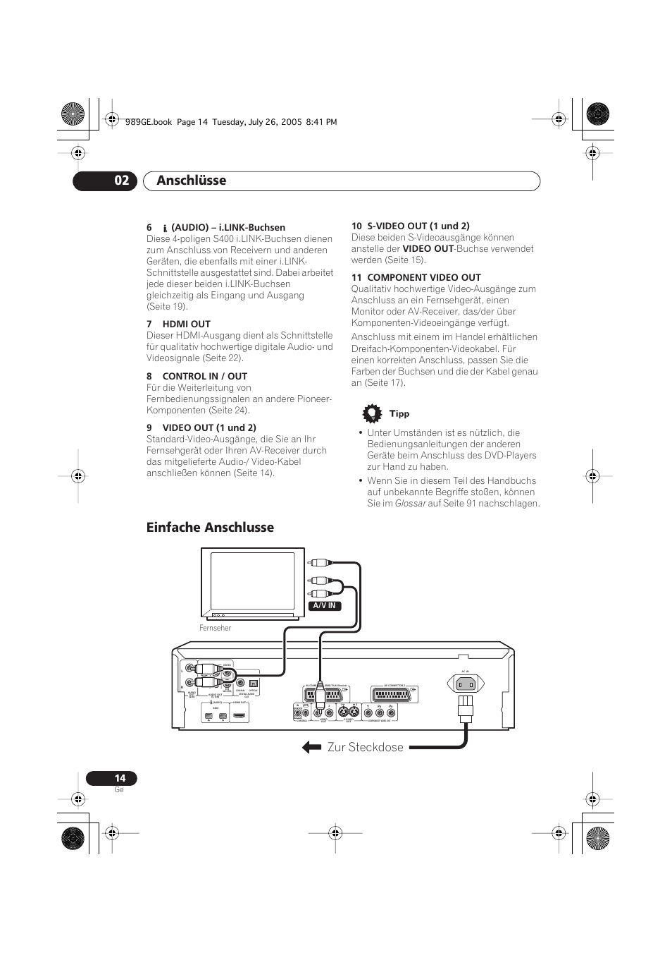 Einfache anschlusse, Anschlüsse 02, Zur steckdose | 6(audio) – i.link-buchsen, 7hdmi out, 8control in / out, 9video out (1 und 2), 10 s-video out (1 und 2), Diese beiden s-videoausgänge können anstelle der, Video out | Pioneer DV-989AVi-S User Manual | Page 114 / 204