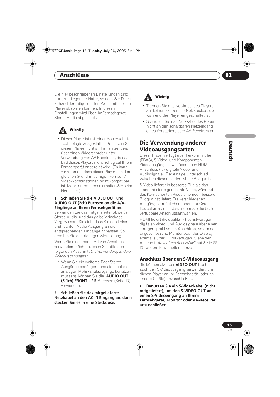 Die verwendung anderer videoausgangsarten, Anschluss über den s-videoausgang, Anschlüsse 02 | Pioneer DV-989AVi-S User Manual | Page 115 / 204