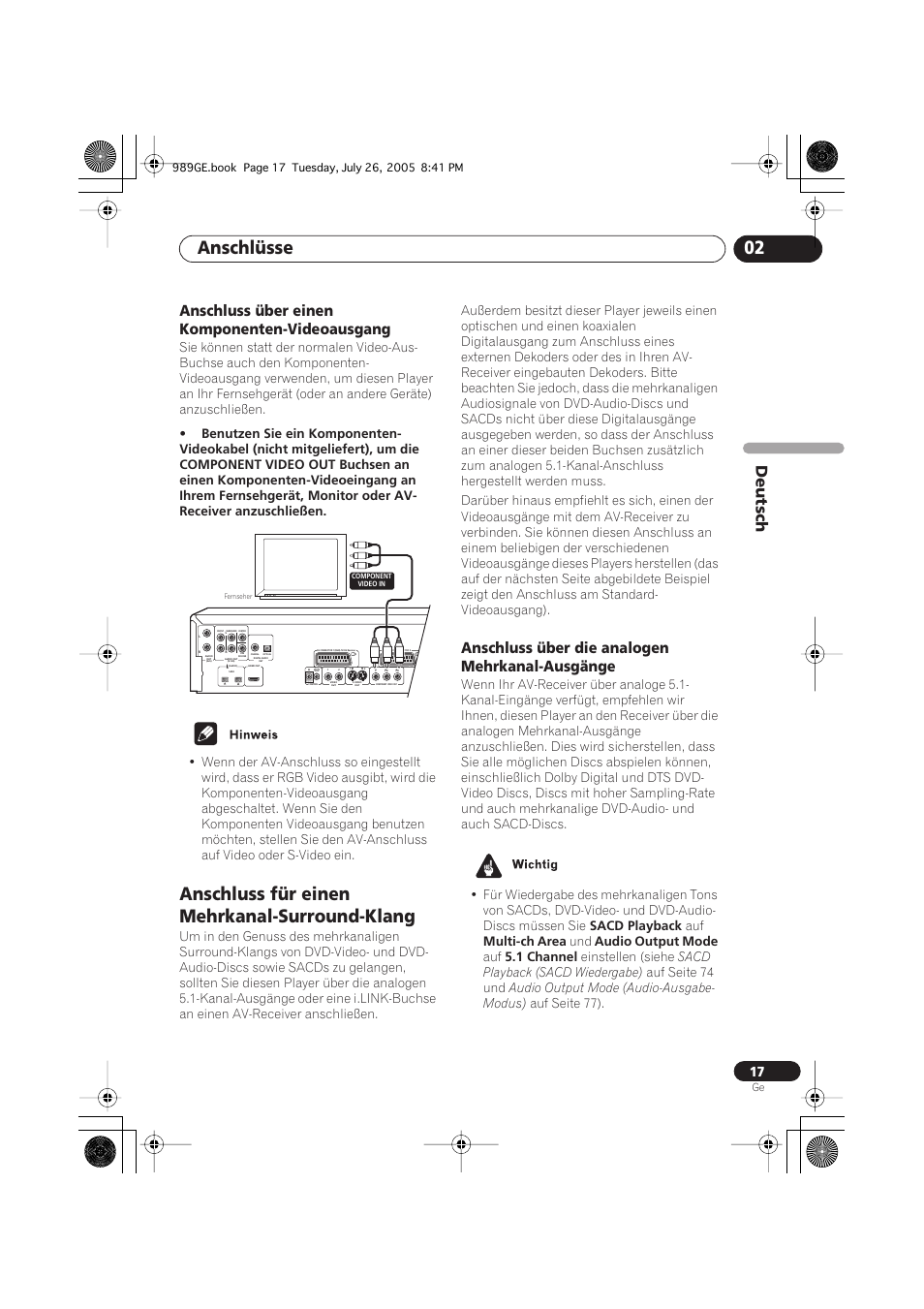Anschluss über einen komponenten-videoausgang, Anschluss für einen mehrkanal-surround-klang, Anschluss über die analogen mehrkanal-ausgänge | Anschlüsse 02, Deutsch, Sacd playback, Multi-ch area, Audio output mode, 1 channel, Einstellen (siehe | Pioneer DV-989AVi-S User Manual | Page 117 / 204