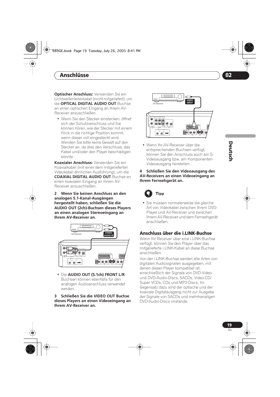 Anschluss über die i.link-buchse, Anschlüsse 02, Deutsch | Optischer anschluss, Optical digital audio out, Koaxialer anschluss, Coaxial digital audio out, Audio out (5.1ch) front l/r | Pioneer DV-989AVi-S User Manual | Page 119 / 204