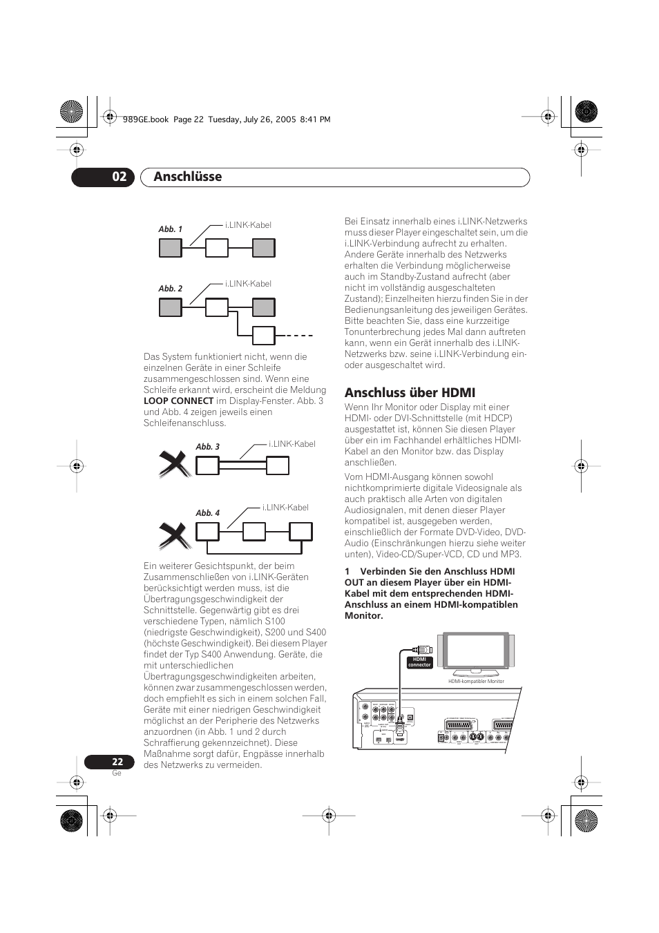 Anschluss über hdmi, Anschlüsse 02, Loop connect | Pioneer DV-989AVi-S User Manual | Page 122 / 204
